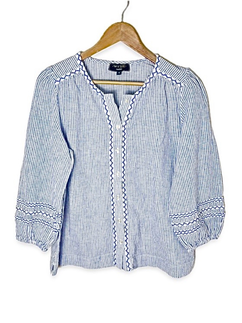 Wyse London Georgina Blouse Blue White Stripe Embroidered Beaded Size 10
